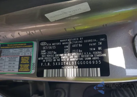 2016 Kia Optima Lx z USA, uszkodzony, nr VIN 5XXGT4L31GG006935